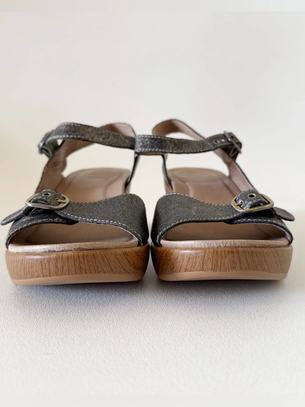 Dansko Shoes Clogs Metallic Gray Slingback Sandal with Wood-Look Wedge 10